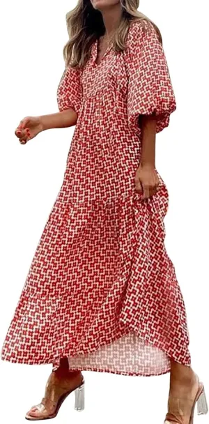Womens Spring Long Sleeve Maxi Dress Floral Elegant V Neck A Line Tiered Flowy Wedding Guest Beach Vacation Party Dresses