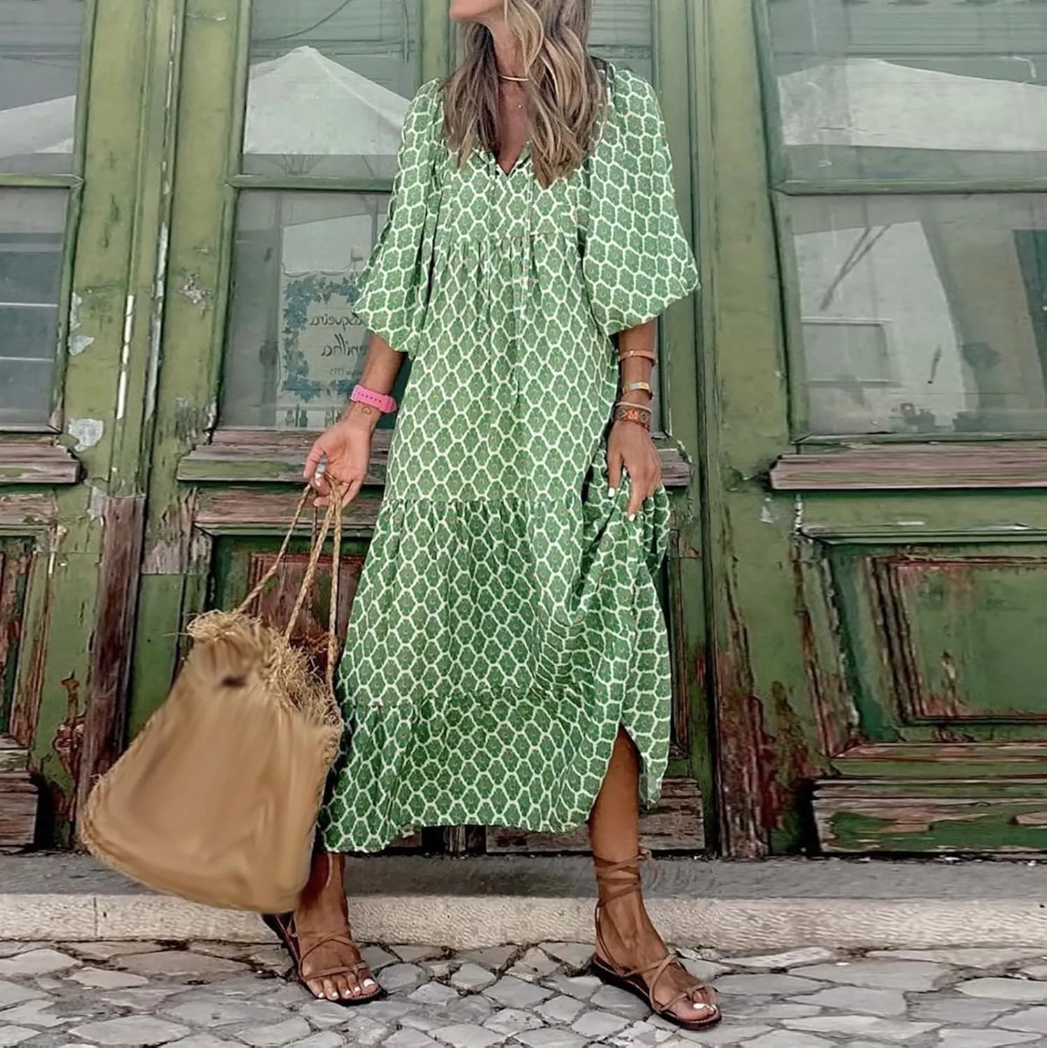 Womens Spring Long Sleeve Maxi Dress Floral Elegant V Neck A Line Tiered Flowy Wedding Guest Beach Vacation Party Dresses