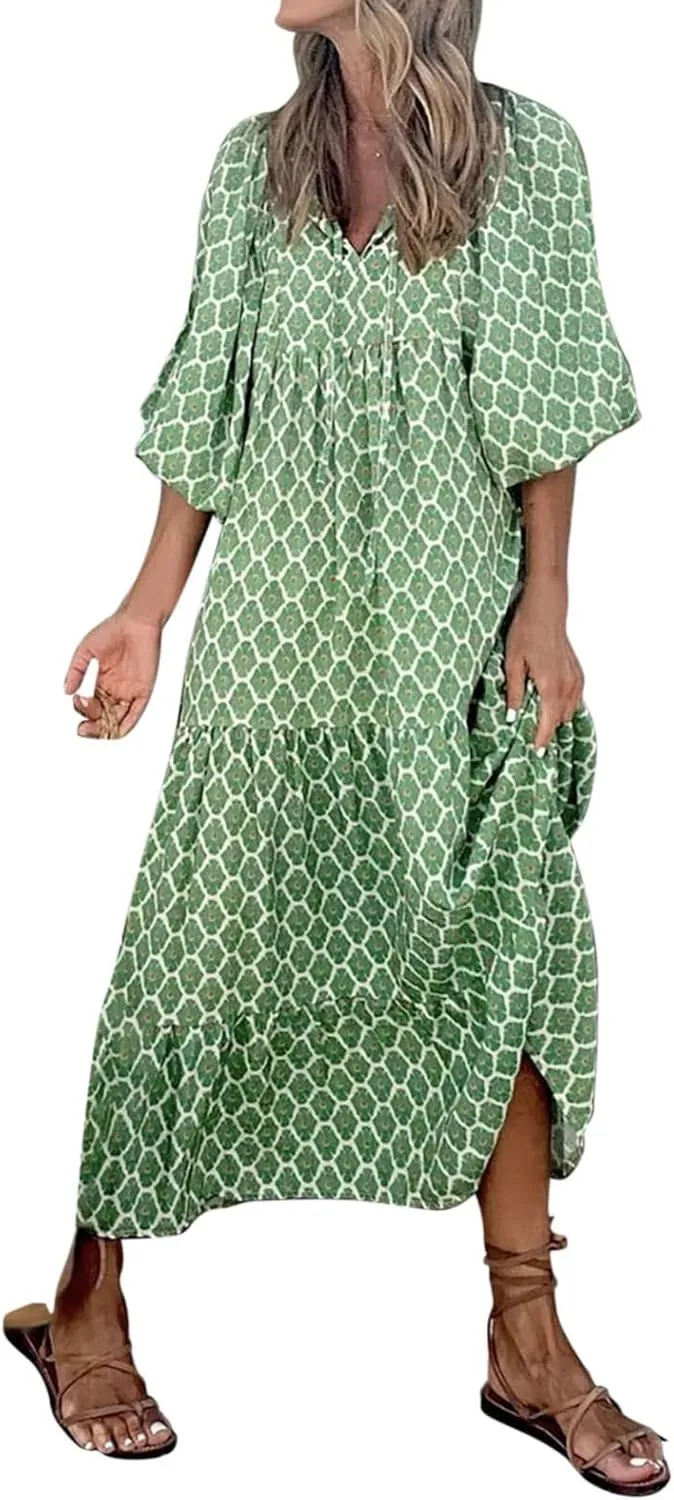 Womens Spring Long Sleeve Maxi Dress Floral Elegant V Neck A Line Tiered Flowy Wedding Guest Beach Vacation Party Dresses