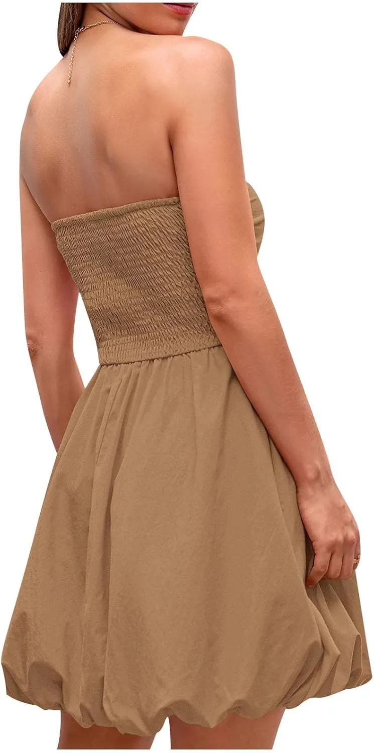 Women's Strapless Tube Top Beach Mini Dress Summer Sleeveless Smocked A Line Dresses Ruffle Beach Vacation Sundress