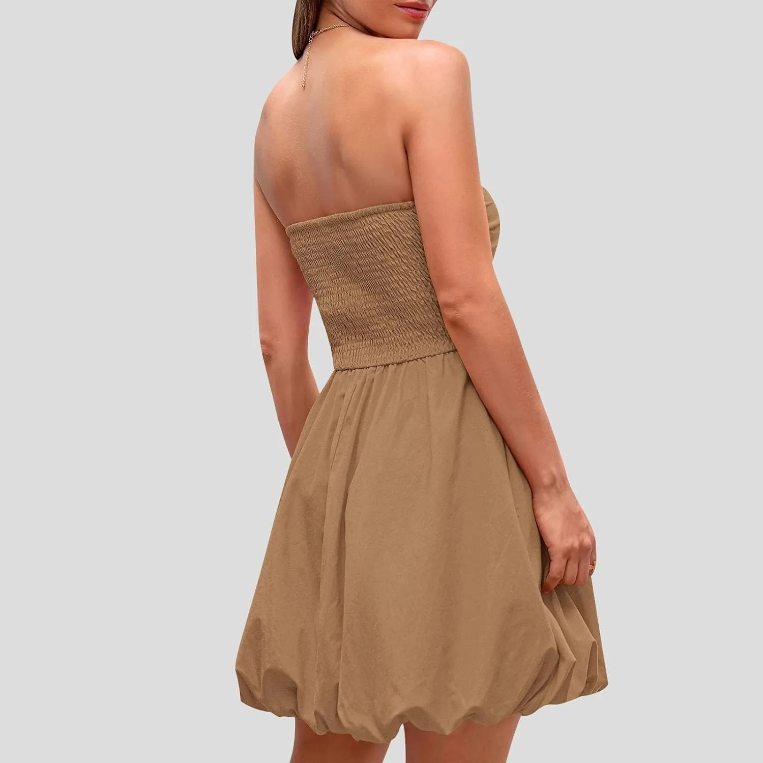Women's Strapless Tube Top Beach Mini Dress Summer Sleeveless Smocked A Line Dresses Ruffle Beach Vacation Sundress