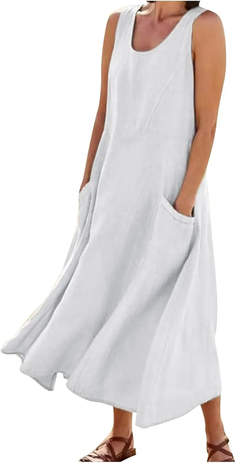 Women's Summer 2022 Casual Fashion Solid Cotton and Short Sleeve Medium Long Dress