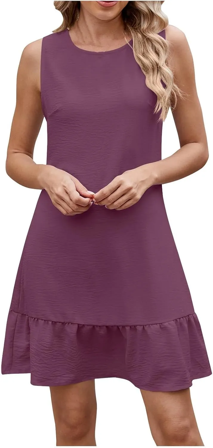 Women's Summer 2025 Sleeveless Mini Dress Round Neck Ruffle Trim Patchwork Dresses Casual A-Line Flowy Short Dress