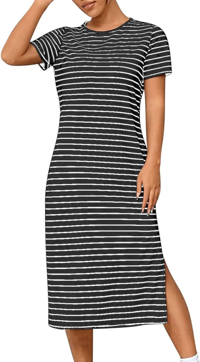 Womens Summer Casual Striped Dress Trendy Short Sleeve Side Split Sundress Comfy Beach Midi Dresses for Holiday
