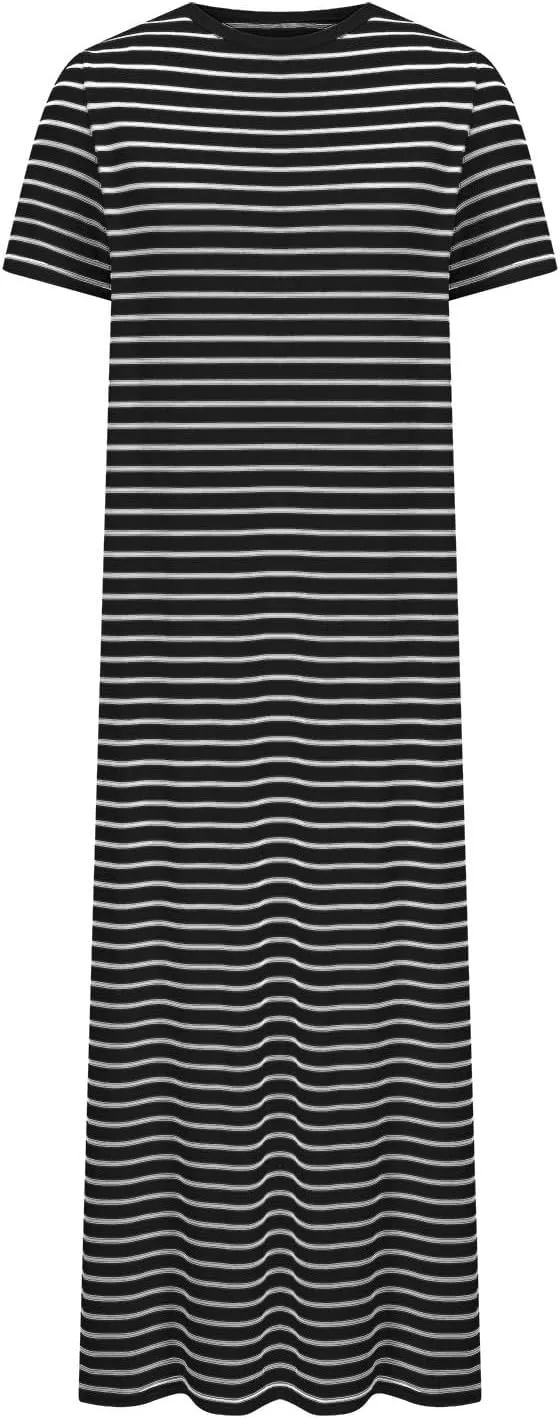 Womens Summer Casual Striped Dress Trendy Short Sleeve Side Split Sundress Comfy Beach Midi Dresses for Holiday