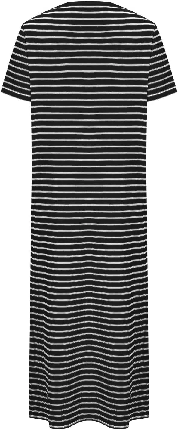 Womens Summer Casual Striped Dress Trendy Short Sleeve Side Split Sundress Comfy Beach Midi Dresses for Holiday