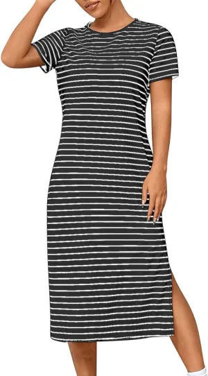 Womens Summer Casual Striped Dress Trendy Short Sleeve Side Split Sundress Comfy Beach Midi Dresses for Holiday