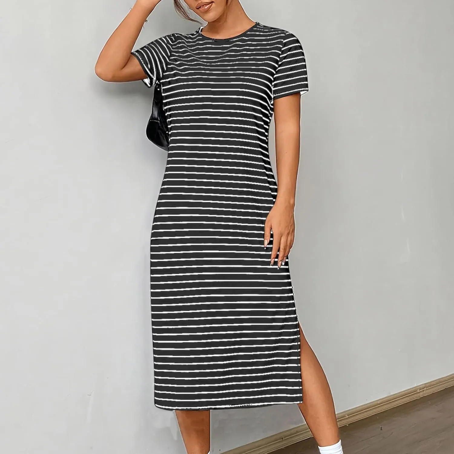 Womens Summer Casual Striped Dress Trendy Short Sleeve Side Split Sundress Comfy Beach Midi Dresses for Holiday