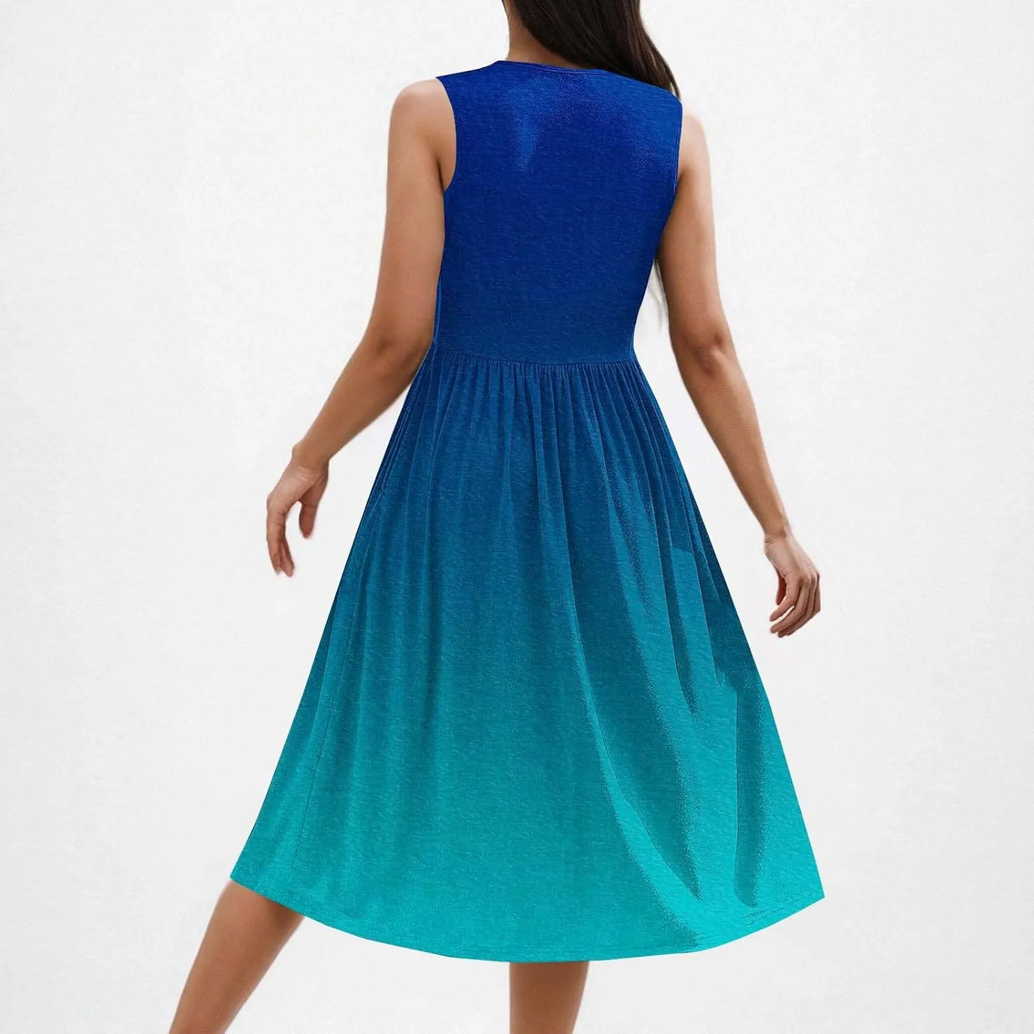 Womens Summer Dresses 2025 Boho Gradient Sleeveless Midi Dress Casual Tie Waist Pleated Flowy Sundress with Pockets