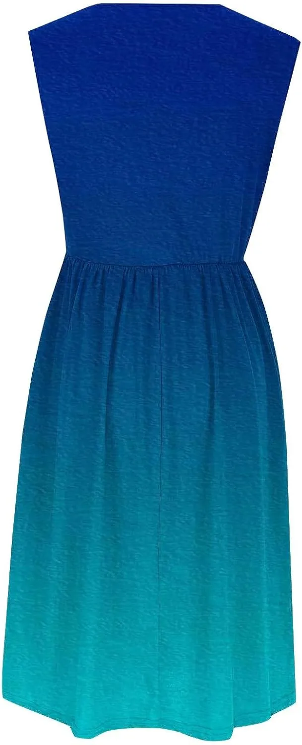 Womens Summer Dresses 2025 Boho Gradient Sleeveless Midi Dress Casual Tie Waist Pleated Flowy Sundress with Pockets