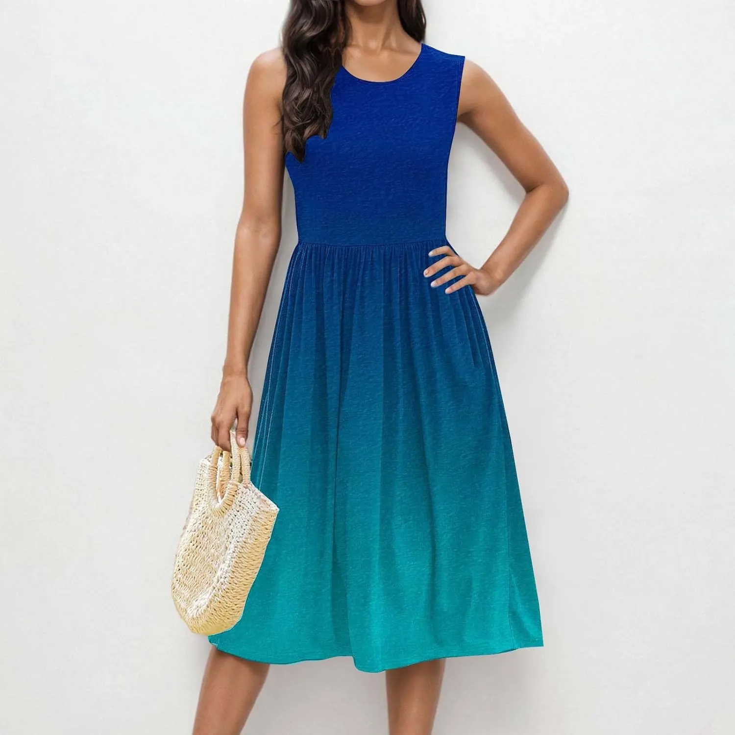 Womens Summer Dresses 2025 Boho Gradient Sleeveless Midi Dress Casual Tie Waist Pleated Flowy Sundress with Pockets