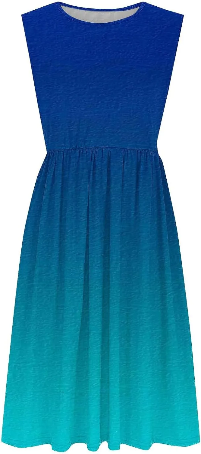 Womens Summer Dresses 2025 Boho Gradient Sleeveless Midi Dress Casual Tie Waist Pleated Flowy Sundress with Pockets