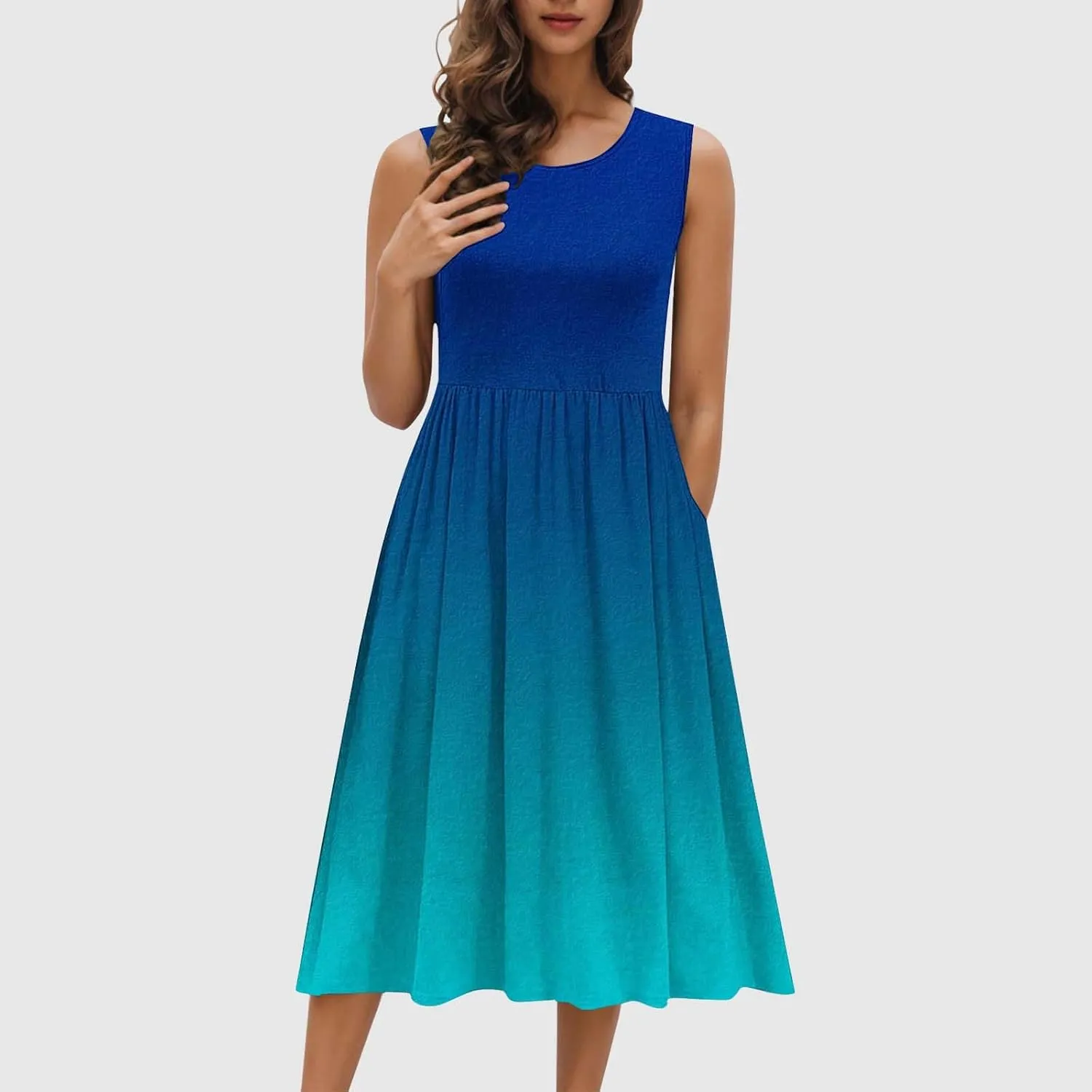 Womens Summer Dresses 2025 Boho Gradient Sleeveless Midi Dress Casual Tie Waist Pleated Flowy Sundress with Pockets