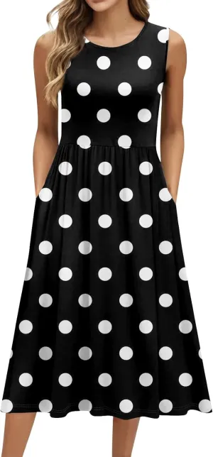 Womens Summer Dresses Casual A-Line Sundresses Floral Loose Sleeveless Mid Dress Flowy Tshirt Tank Dresses with Pockets