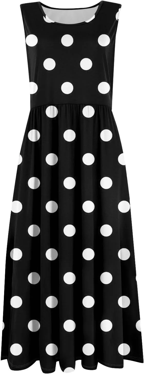 Womens Summer Dresses Casual A-Line Sundresses Floral Loose Sleeveless Mid Dress Flowy Tshirt Tank Dresses with Pockets