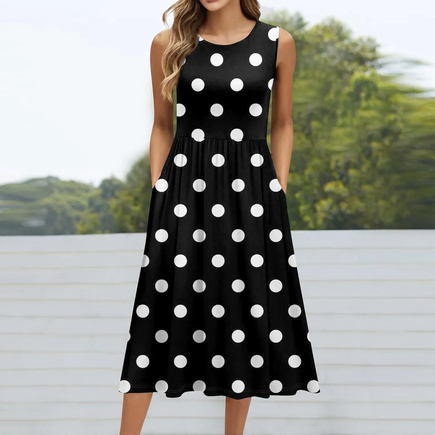 Womens Summer Dresses Casual A-Line Sundresses Floral Loose Sleeveless Mid Dress Flowy Tshirt Tank Dresses with Pockets