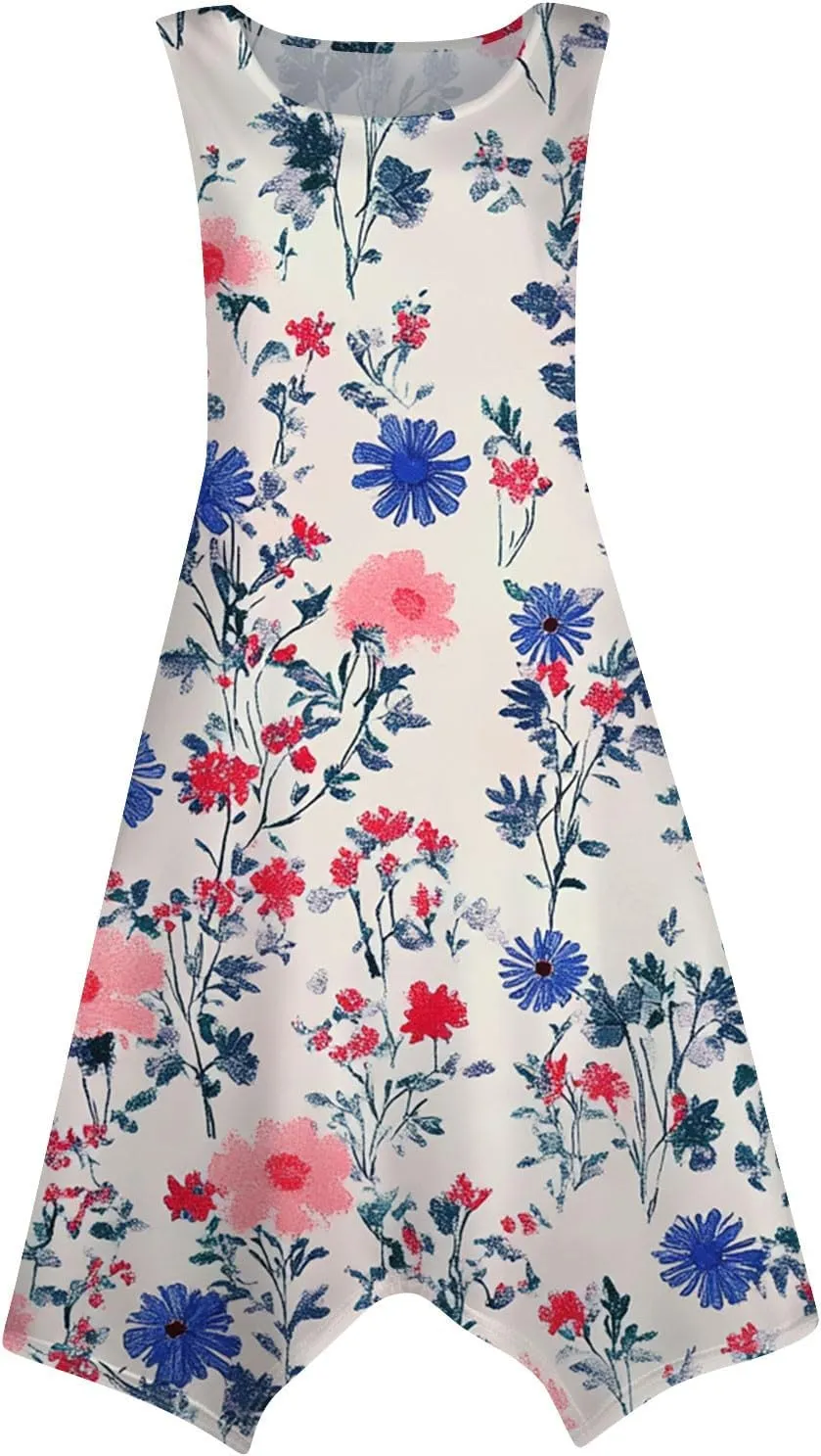 Womens Summer Dresses Sleeveless Round Neck Midi Dress Boho Floral Printed Irregular Hem Flowy Beach Sundress