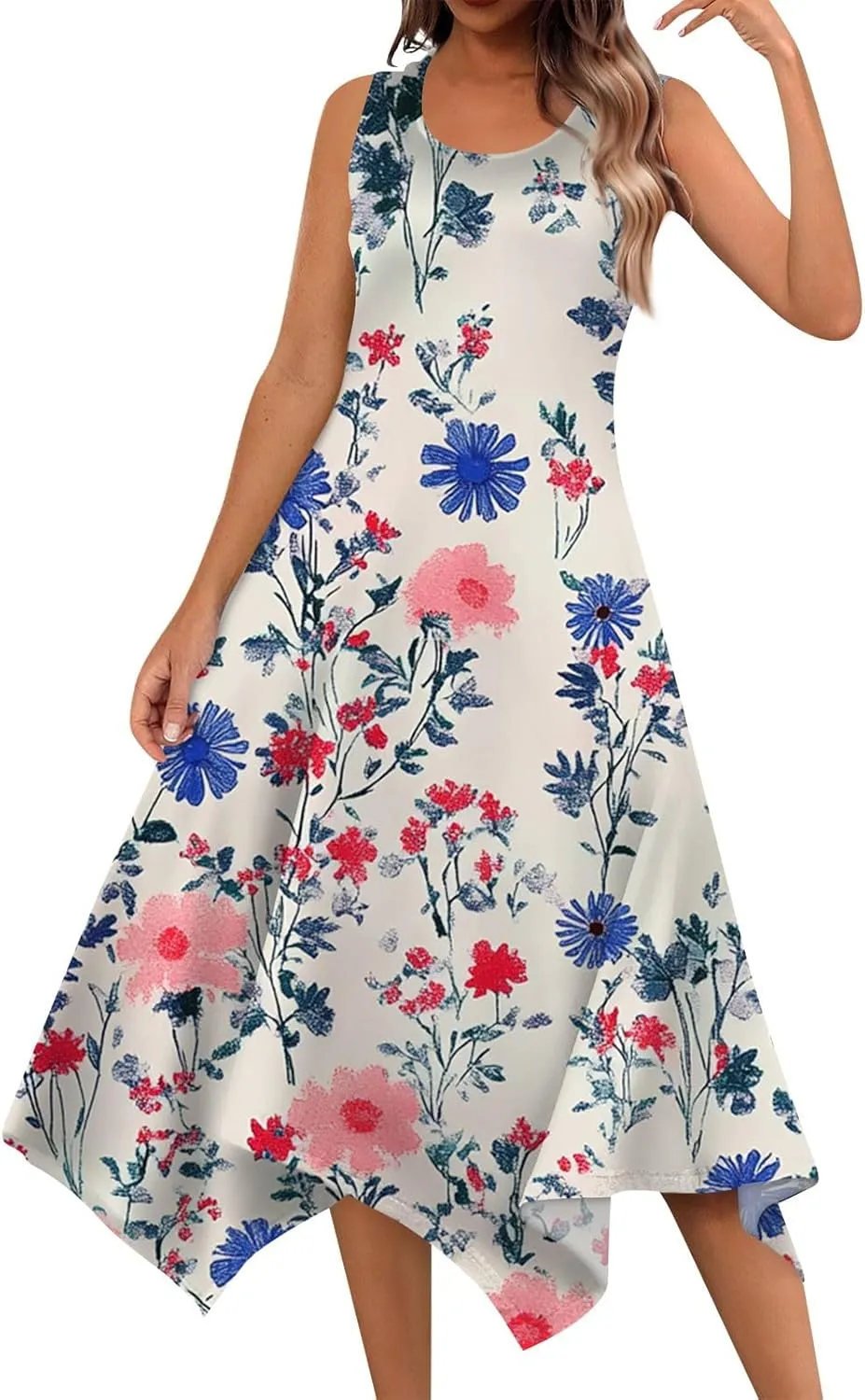 Womens Summer Dresses Sleeveless Round Neck Midi Dress Boho Floral Printed Irregular Hem Flowy Beach Sundress