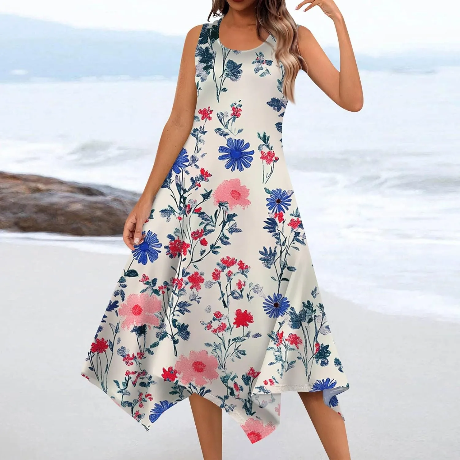 Womens Summer Dresses Sleeveless Round Neck Midi Dress Boho Floral Printed Irregular Hem Flowy Beach Sundress
