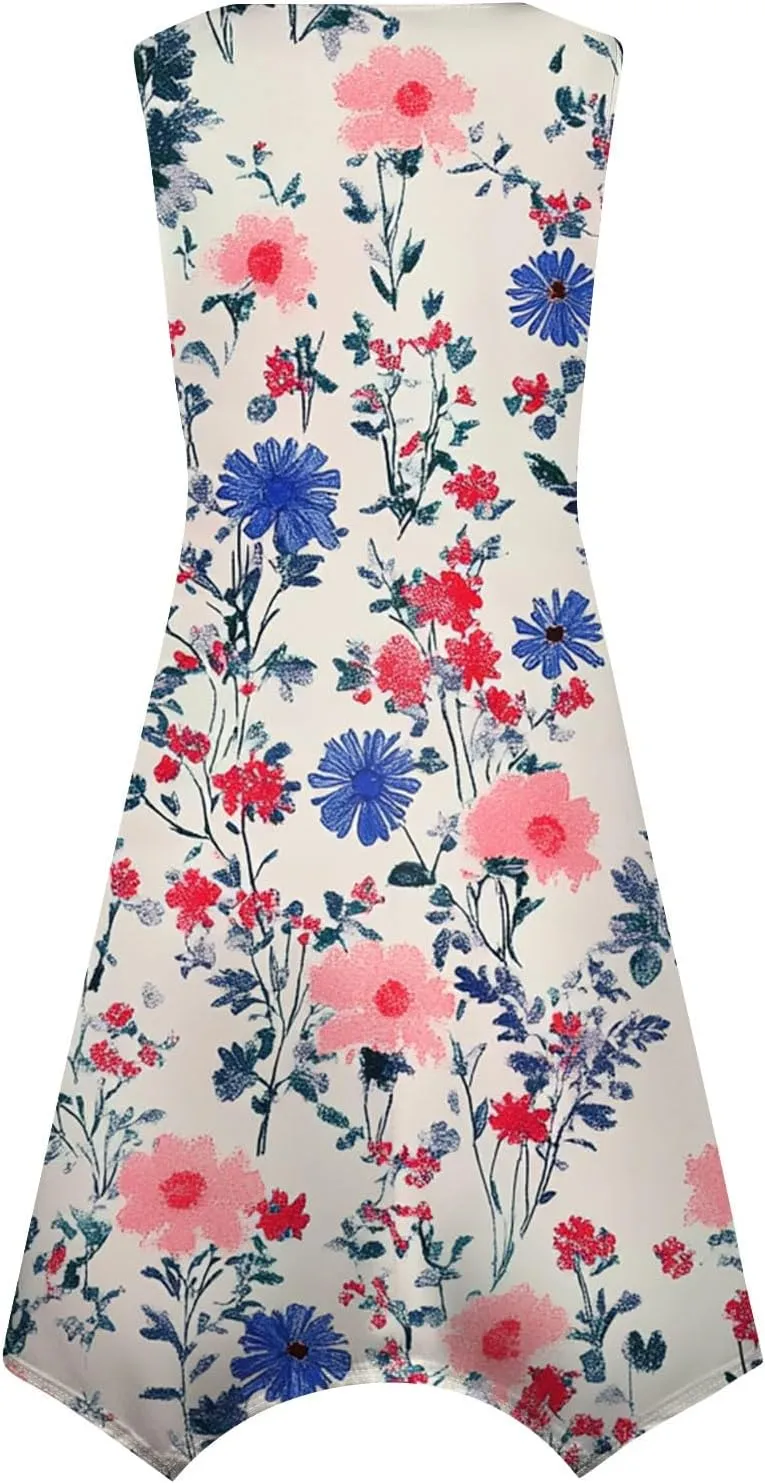 Womens Summer Dresses Sleeveless Round Neck Midi Dress Boho Floral Printed Irregular Hem Flowy Beach Sundress