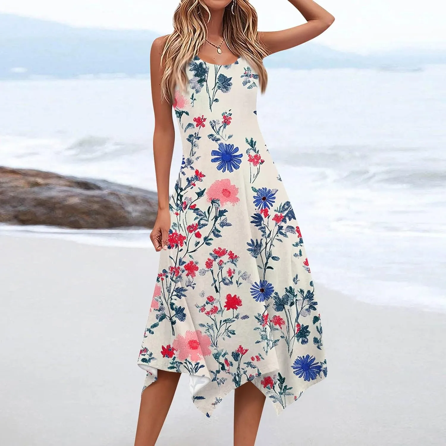 Womens Summer Dresses Sleeveless Round Neck Midi Dress Boho Floral Printed Irregular Hem Flowy Beach Sundress