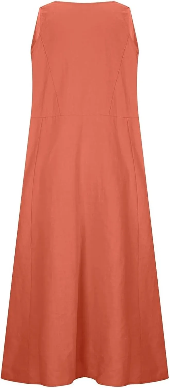 Womens Summer Linen Dress Sleeveless Elegant Flowy 2025 New Dresses Plus Size Loose Comfy Long Skirt with Pockets