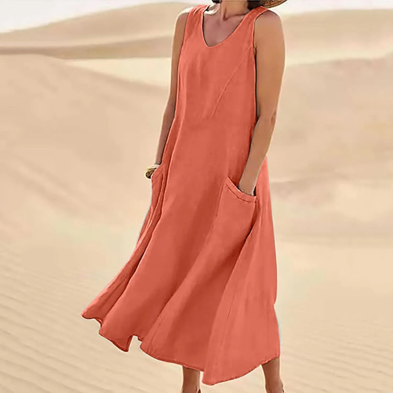 Womens Summer Linen Dress Sleeveless Elegant Flowy 2025 New Dresses Plus Size Loose Comfy Long Skirt with Pockets