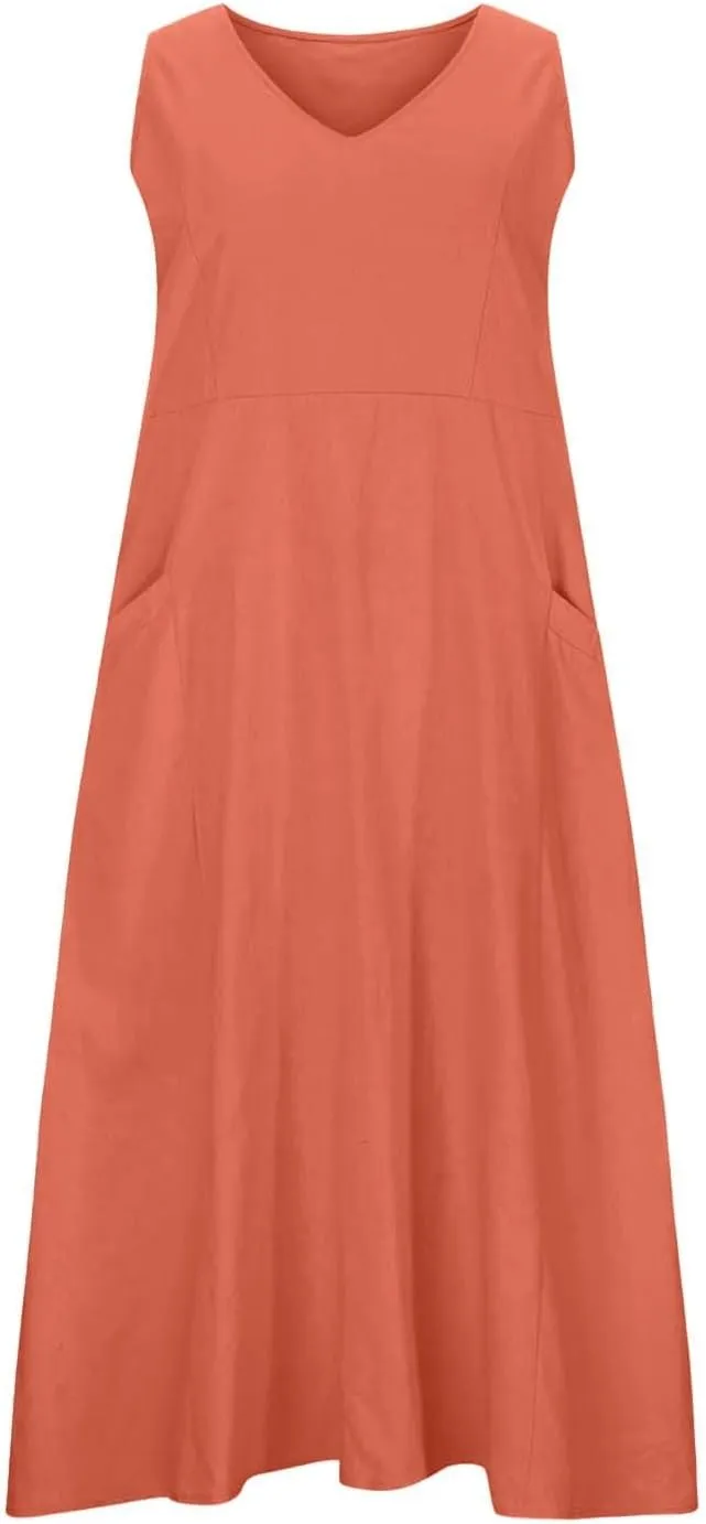 Womens Summer Linen Dress Sleeveless Elegant Flowy 2025 New Dresses Plus Size Loose Comfy Long Skirt with Pockets