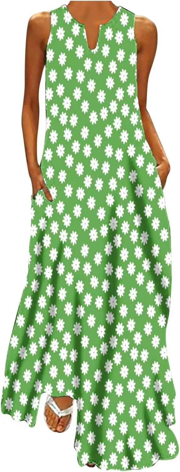 Womens Summer Maxi Dress 2024 Casual V Neck Floral Sleeveless Sun Dress Trendy Beach Vacation Long Flowy Dresses with Pocket