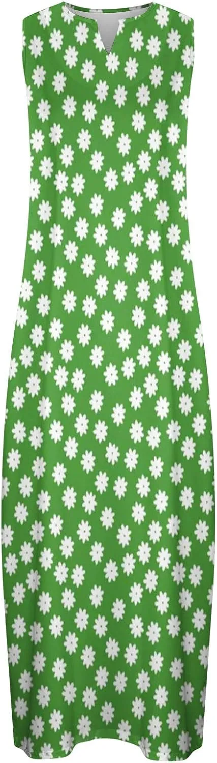 Womens Summer Maxi Dress 2024 Casual V Neck Floral Sleeveless Sun Dress Trendy Beach Vacation Long Flowy Dresses with Pocket