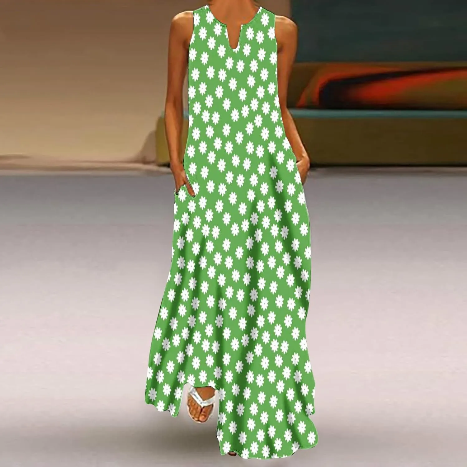 Womens Summer Maxi Dress 2024 Casual V Neck Floral Sleeveless Sun Dress Trendy Beach Vacation Long Flowy Dresses with Pocket