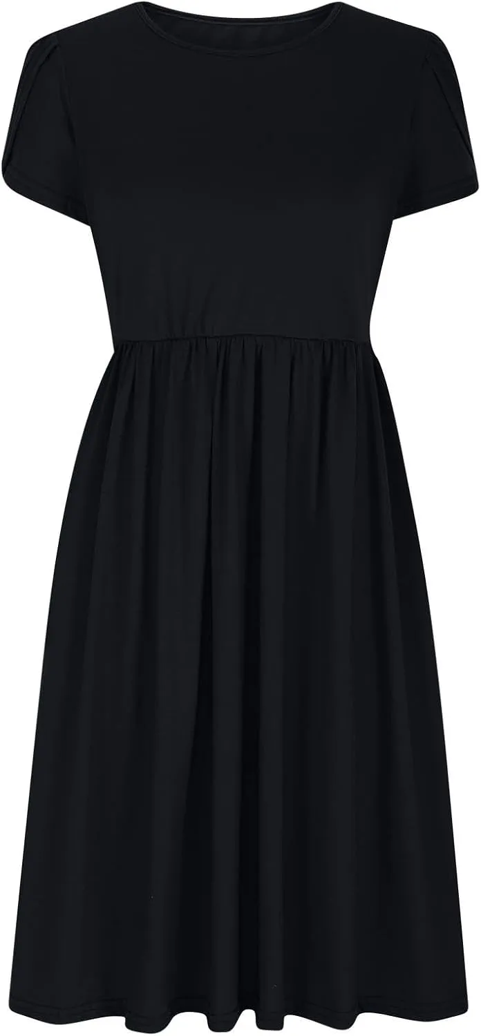 Women's Summer Short Sleeve A-Line Midi Dresses Casual Plain T-Shirt Dress Trendy Flowy Beach Sundress with Pockets
