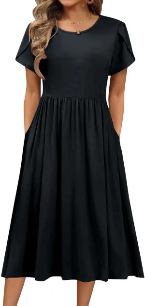 Women's Summer Short Sleeve A-Line Midi Dresses Casual Plain T-Shirt Dress Trendy Flowy Beach Sundress with Pockets
