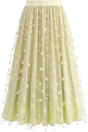 Women's Tulle A-Line Layered Mesh Midi Skirt Fashion Summer Boho Floral Maxi Skirts High Waisted Pleated Long Skirt