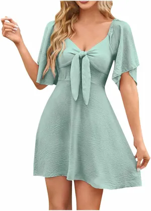 Womens V Neck Flutter Short Sleeve Mini Dress Summer A Line Pleated Lace Up Flowy Boho Beach Vacation Short Dresses