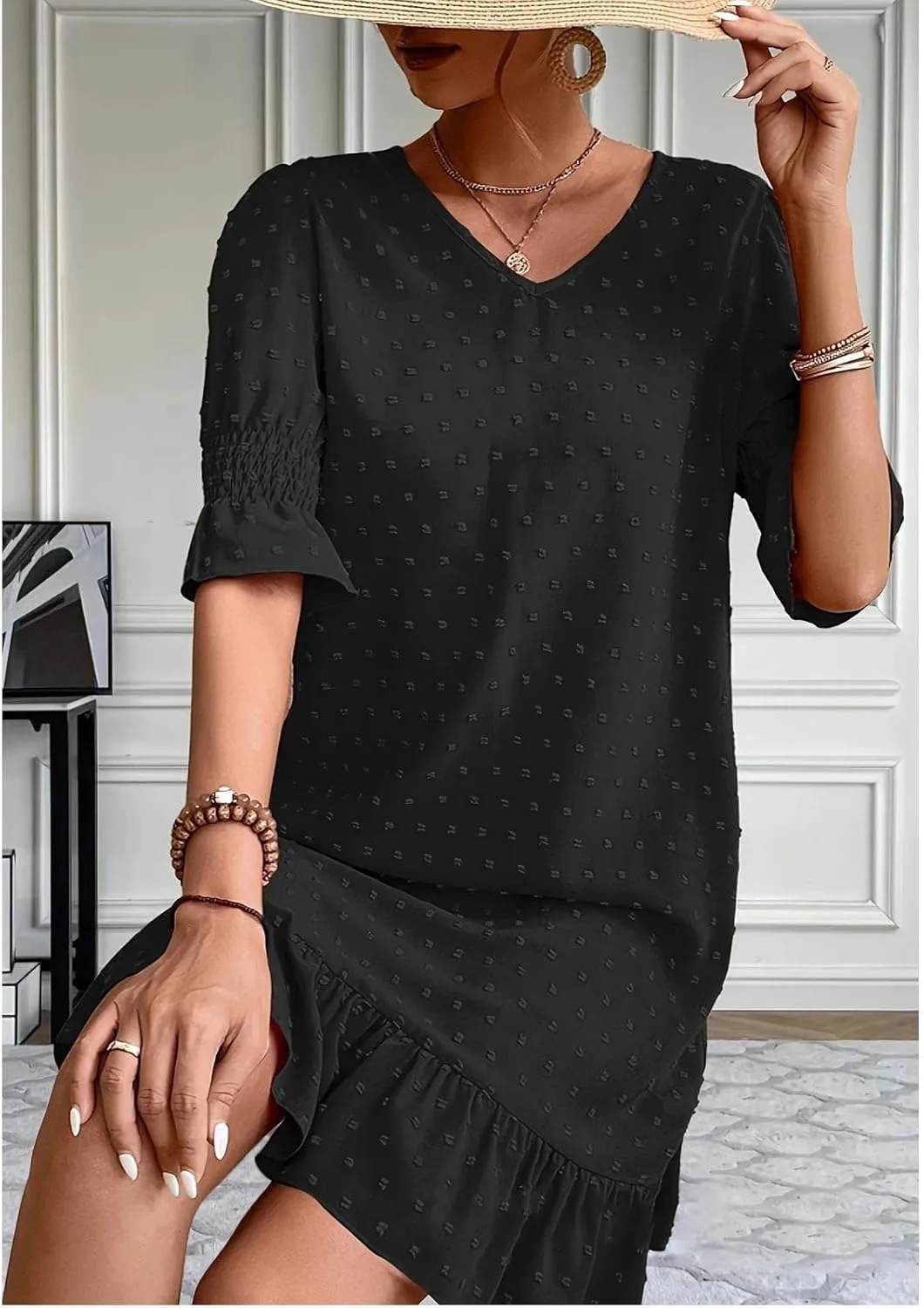 Womens White Dresses Short Sleeve V Neck Ruffle Dresses Cute Sun Dress Chiffon Flowy Mini Dress Summer Casual Dress