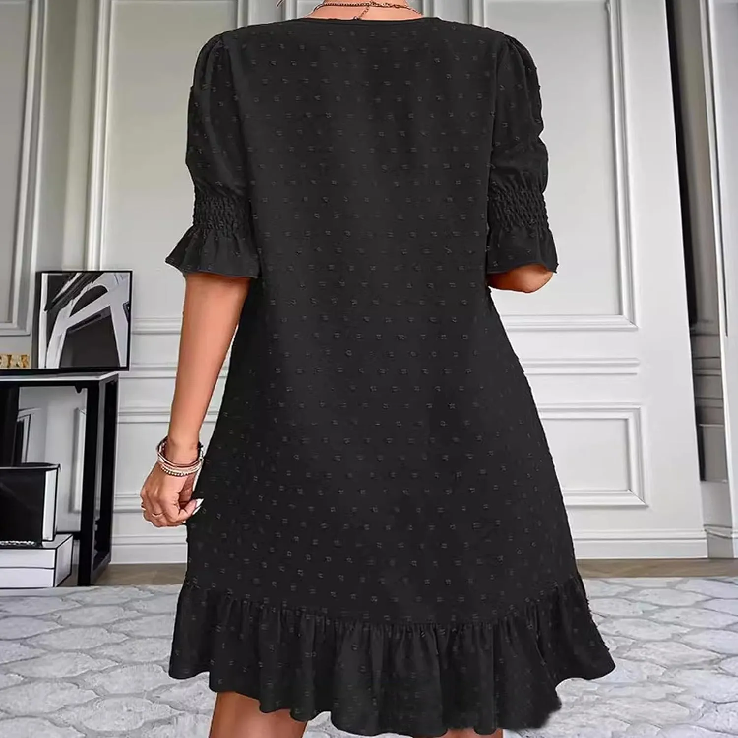 Womens White Dresses Short Sleeve V Neck Ruffle Dresses Cute Sun Dress Chiffon Flowy Mini Dress Summer Casual Dress