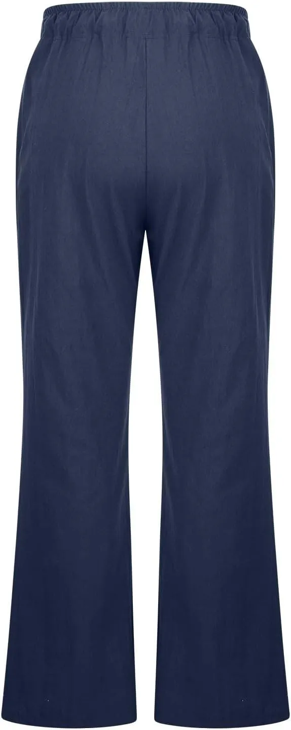 Womens Wide Leg Palazzo Pants Cotton Linen Elastic High Waist Pull-On Summer Casual Trousers with Pockets