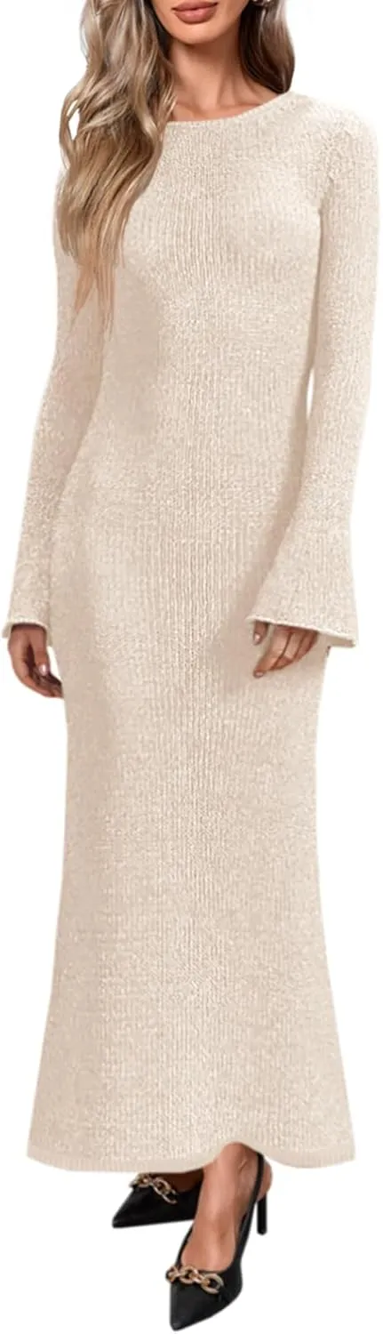 Yousify Womens Bell Long Sleeve Maxi Dress Casual Crewneck Knit Slim Fit Flowy Sweater Dresses