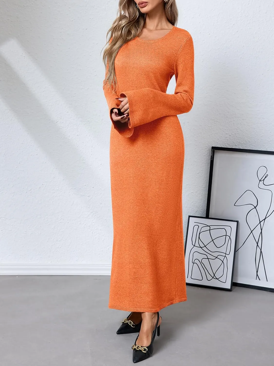 Yousify Womens Bell Long Sleeve Maxi Dress Casual Crewneck Knit Slim Fit Flowy Sweater Dresses