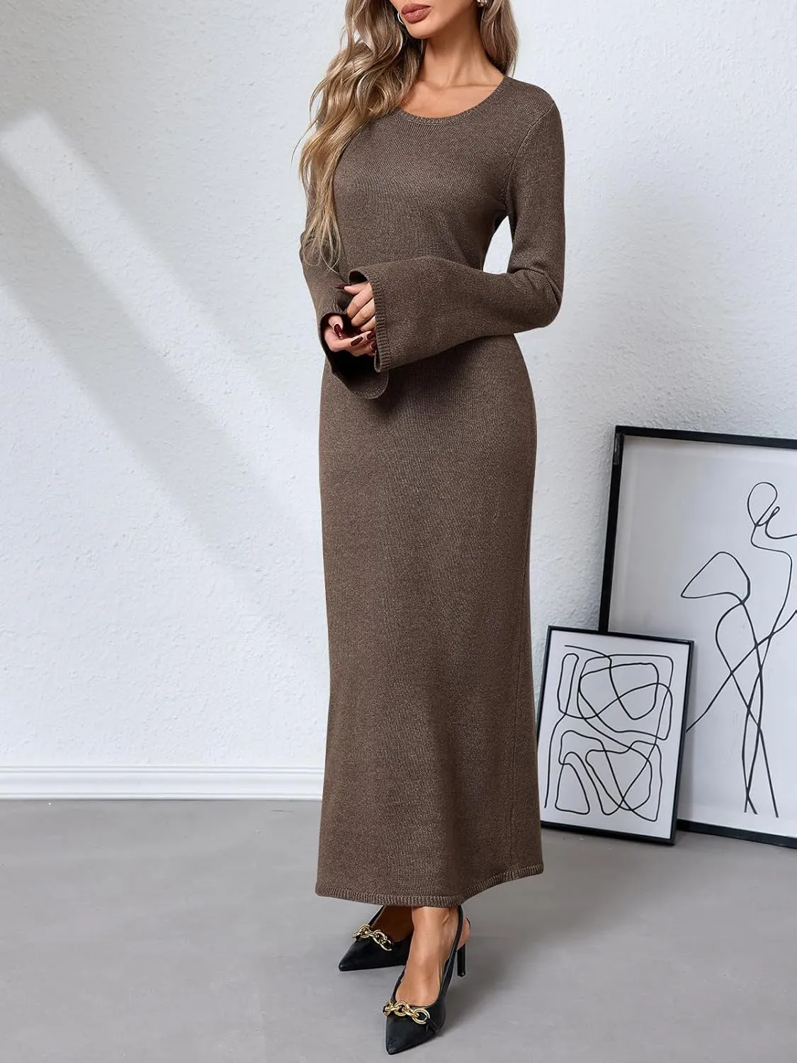 Yousify Womens Bell Long Sleeve Maxi Dress Casual Crewneck Knit Slim Fit Flowy Sweater Dresses