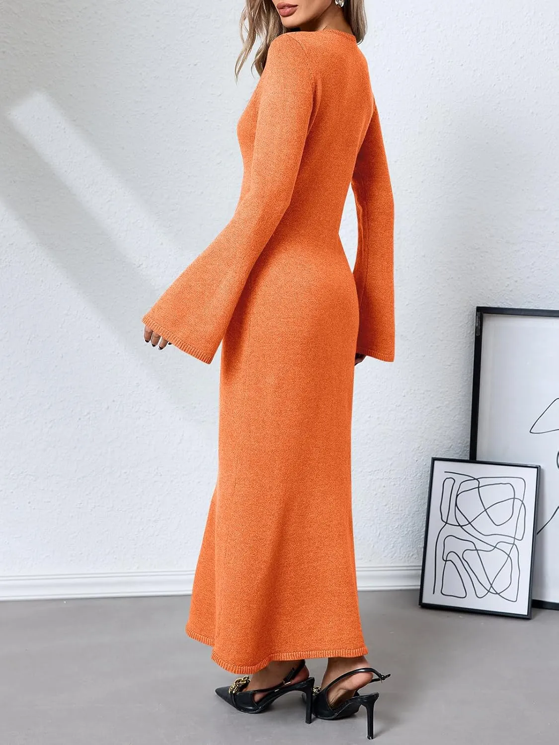 Yousify Womens Bell Long Sleeve Maxi Dress Casual Crewneck Knit Slim Fit Flowy Sweater Dresses