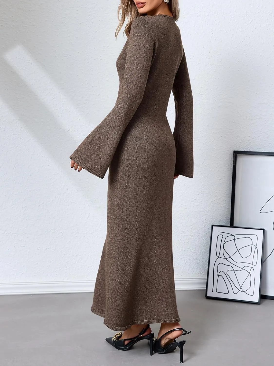 Yousify Womens Bell Long Sleeve Maxi Dress Casual Crewneck Knit Slim Fit Flowy Sweater Dresses