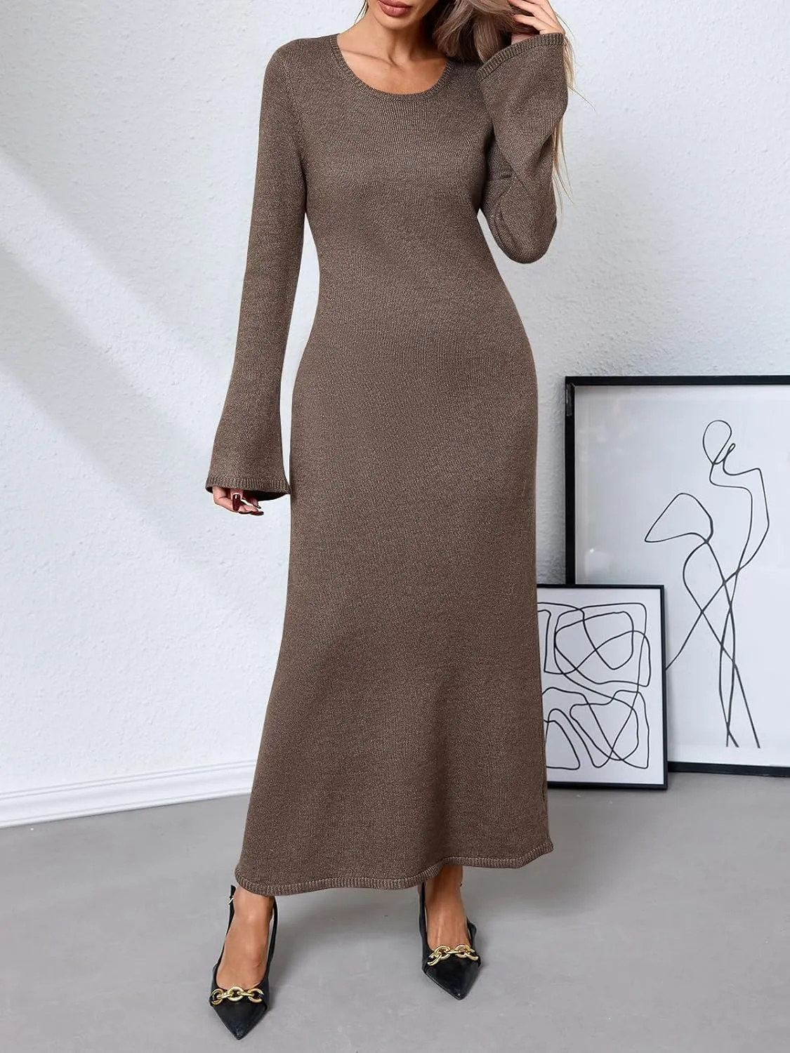 Yousify Womens Bell Long Sleeve Maxi Dress Casual Crewneck Knit Slim Fit Flowy Sweater Dresses