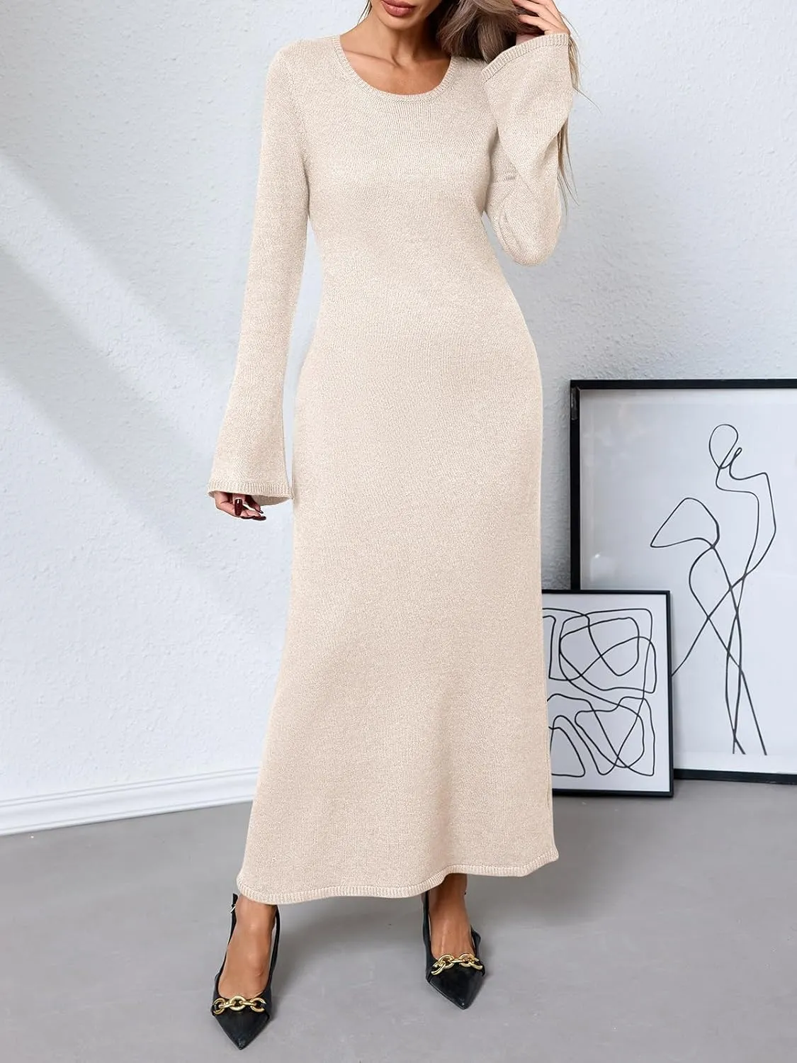Yousify Womens Bell Long Sleeve Maxi Dress Casual Crewneck Knit Slim Fit Flowy Sweater Dresses
