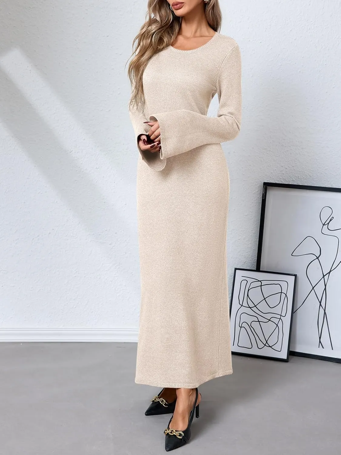 Yousify Womens Bell Long Sleeve Maxi Dress Casual Crewneck Knit Slim Fit Flowy Sweater Dresses