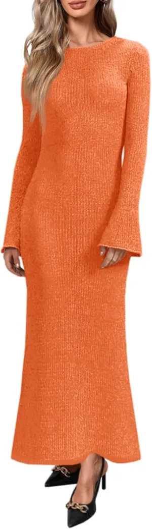 Yousify Womens Bell Long Sleeve Maxi Dress Casual Crewneck Knit Slim Fit Flowy Sweater Dresses