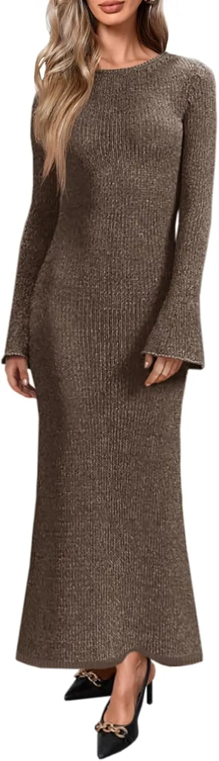 Yousify Womens Bell Long Sleeve Maxi Dress Casual Crewneck Knit Slim Fit Flowy Sweater Dresses