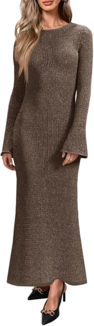Yousify Womens Bell Long Sleeve Maxi Dress Casual Crewneck Knit Slim Fit Flowy Sweater Dresses