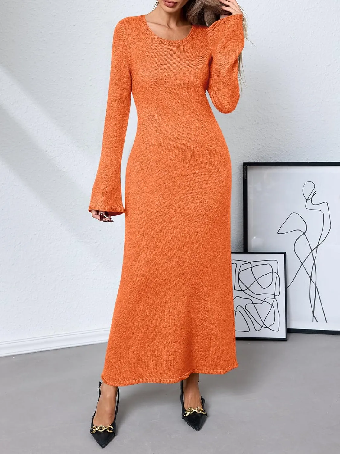 Yousify Womens Bell Long Sleeve Maxi Dress Casual Crewneck Knit Slim Fit Flowy Sweater Dresses